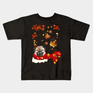 Maple Leaf Pug Fall Hello Autumn Gift Kids T-Shirt